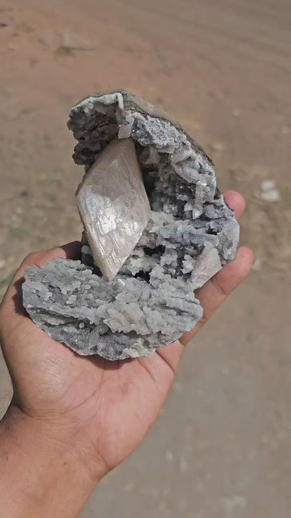 Heulandite Crystal Inside Black Chalcedony Geode Natural Mineral Specimen  # B 4491