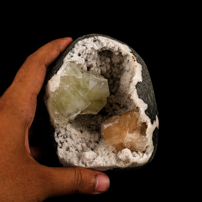 Green Apophyllite Cube with Stilbite geode Self Standing Natural Mineral Specimen # B 6263 Apophyllite Superb Minerals 