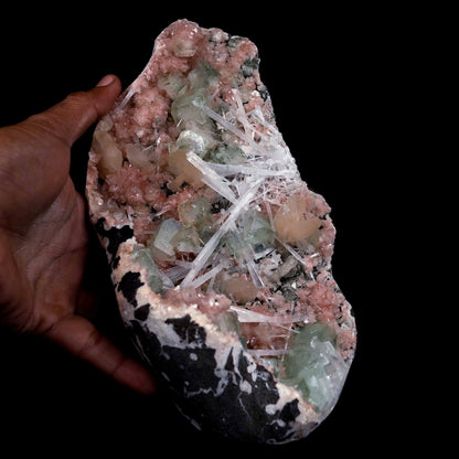 Green Apophyllite with Scolecite Sprays on Stilbite Natural Mineral Sp…  https://www.superbminerals.us/products/green-apophyllite-with-scolecite-sprays-on-stilbite-natural-mineral-specimen-b-4643  Features: A striking, big, and sculptural 3-dimensional matrix combination material from the state of Maharashtra. The item is dominated by two-toned, mint-green and off-white, glossy, transparent, blocky tetragonal apophyllite crystals with satin lustre faces. Clusters of snow-white acicular scolecite crystals