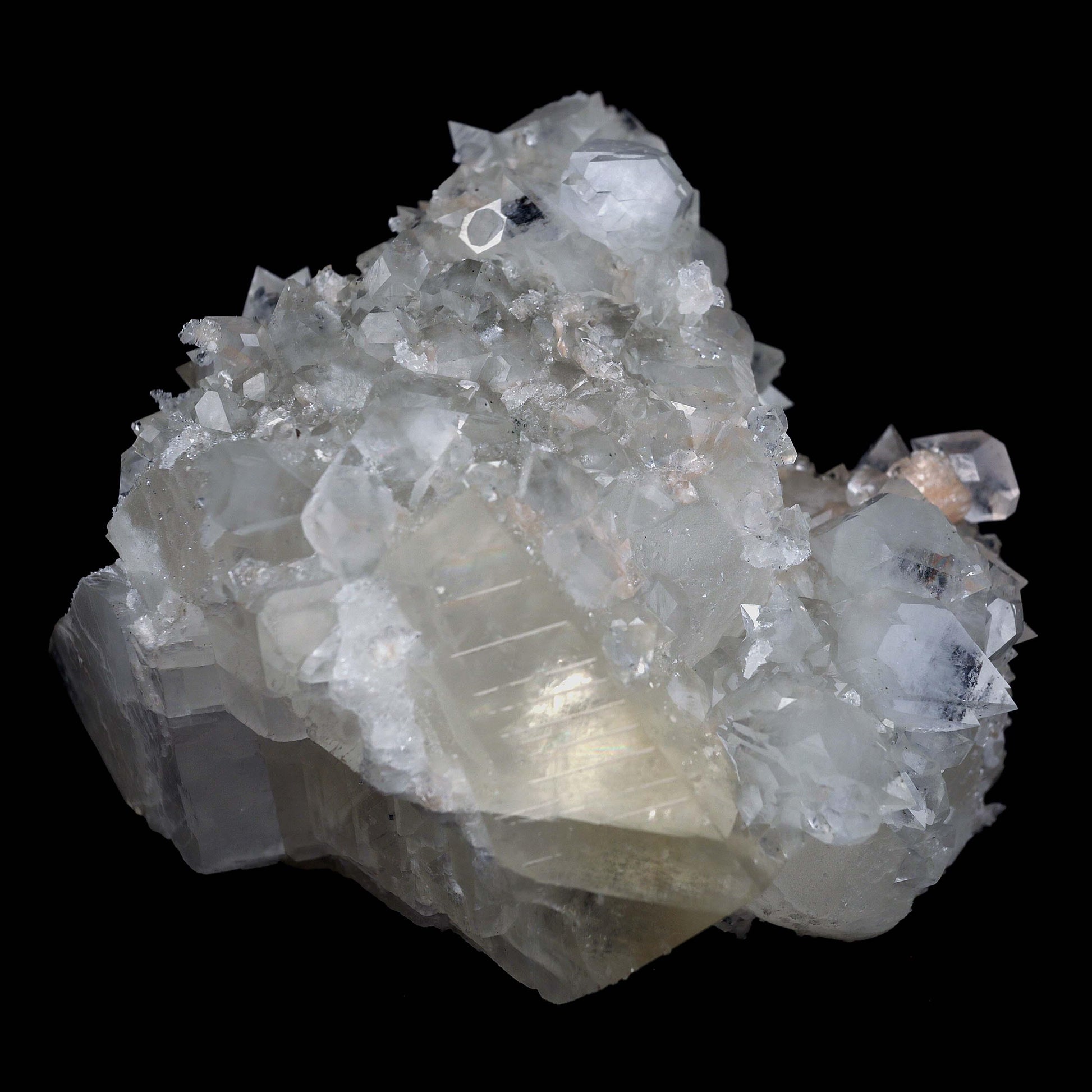 Pseudo Calcite with Apophyllite Natural Mineral Specimen # B 4632  https://www.superbminerals.us/products/pseudo-calcite-with-apophyllite-natural-mineral-specimen-b-4632  Features: Truly exceptional combination piece with with one of the finest Indian Calcites, lustrous Apophyllite. The centerpiece Calcite is a stunning on the front edge, with superb luster and excellent gemminess. The front edge is also the main twinning plane. What makes the Calcite itself even more exceptional 